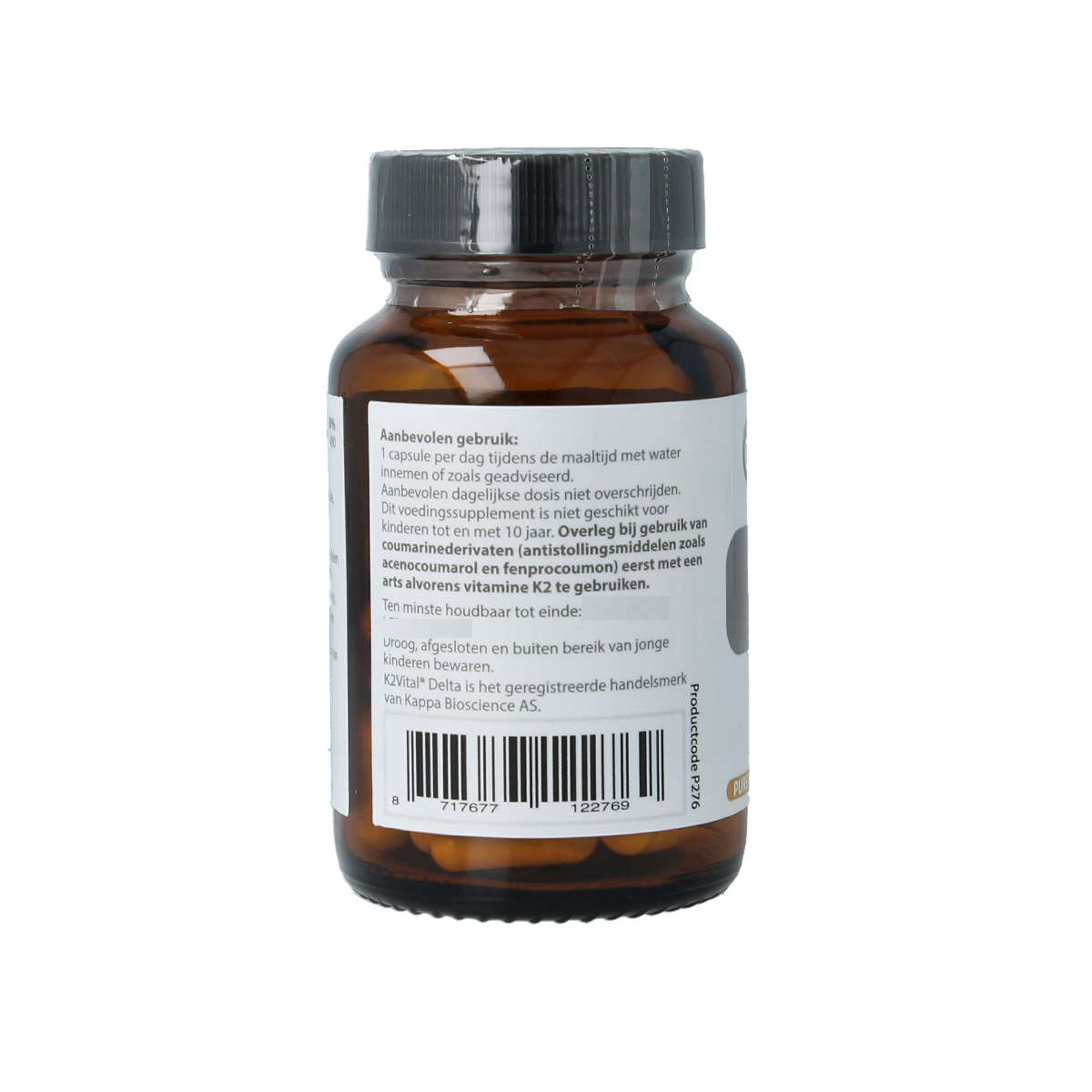 Proviform Vitamine K2 360mcg vegetarian capsules, close-up of the supplement bottle with capsules inside.