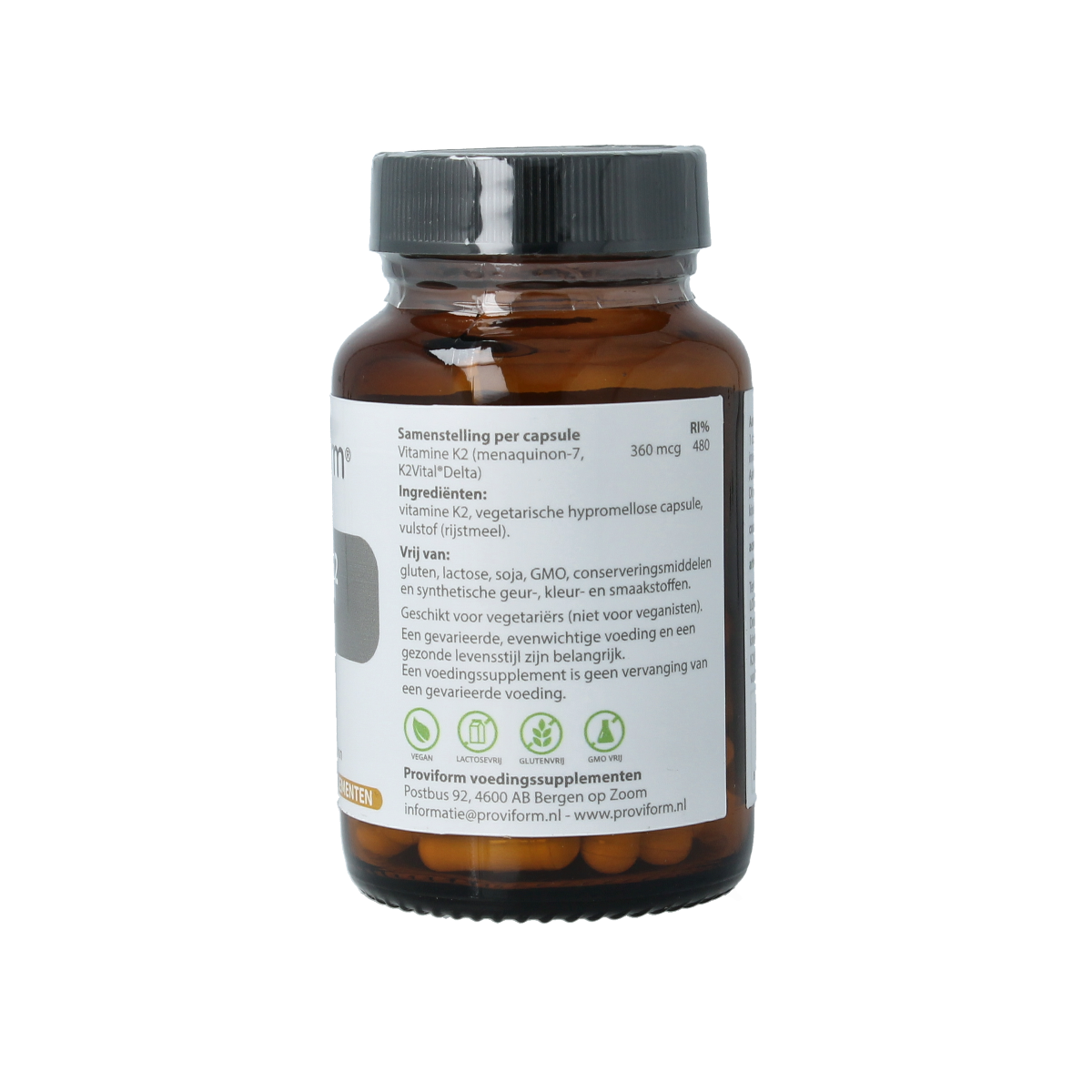Proviform Vitamin K2 360mcg vegetarian capsules, close-up of the supplement bottle and capsules against a white background.