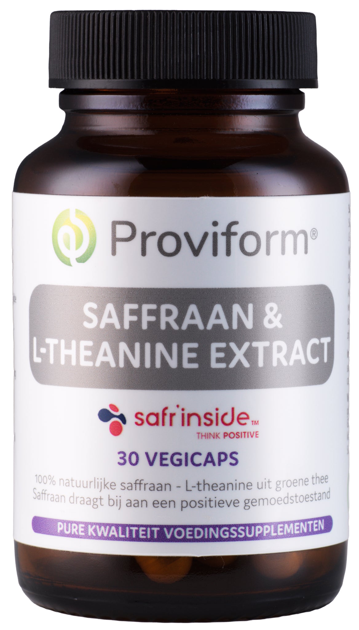 Proviform Saffraan 30mg and Theanine 100mg vegetarian herbal capsules, close-up of the supplement bottle and capsules.