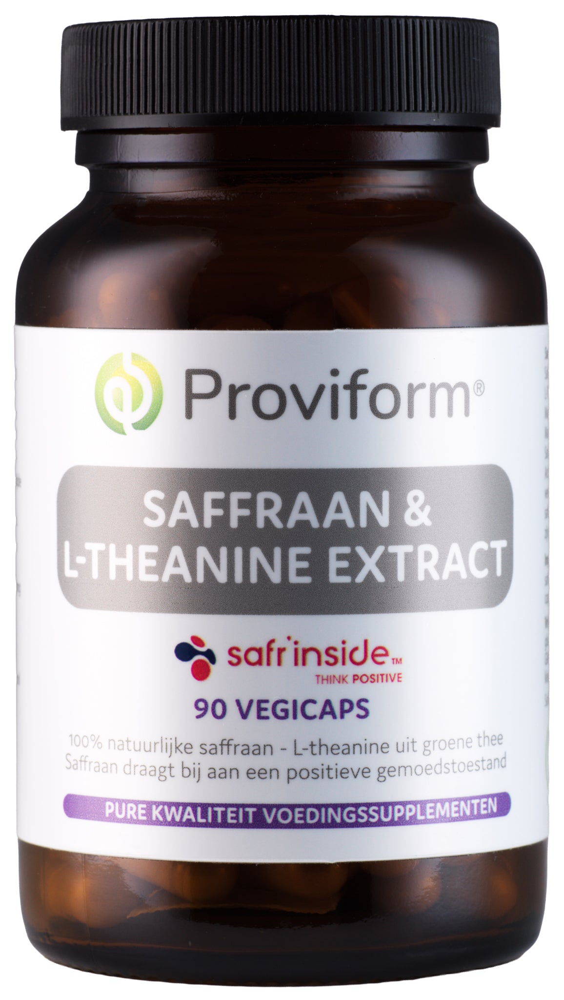 Proviform Saffraan 30mg and Theanine 100mg vegetarian capsules, herbal supplement package with capsules inside.