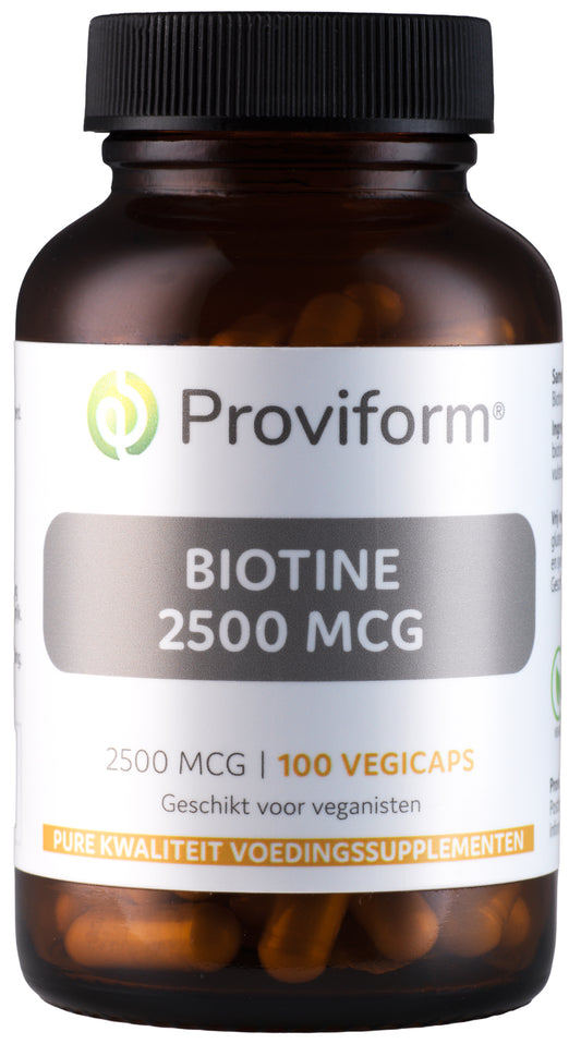 Proviform Biotine 2500mcg vegetarian capsules, dietary supplement for hair and skin health, in a white bottle.
