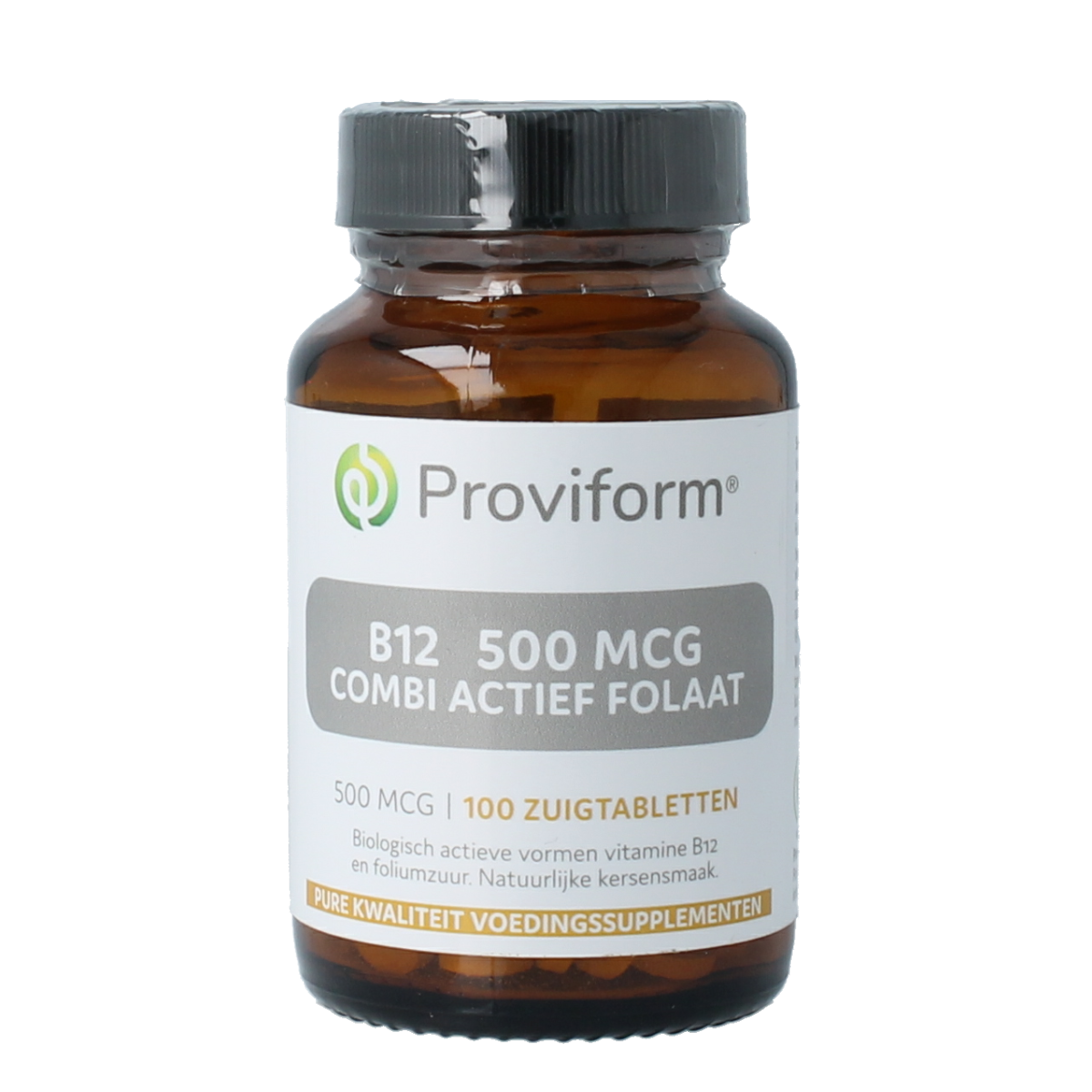 Proviform Vitamine B12 500mcg with folate in a bottle of 100 chewable tablets, showing the supplement packaging and tablets.