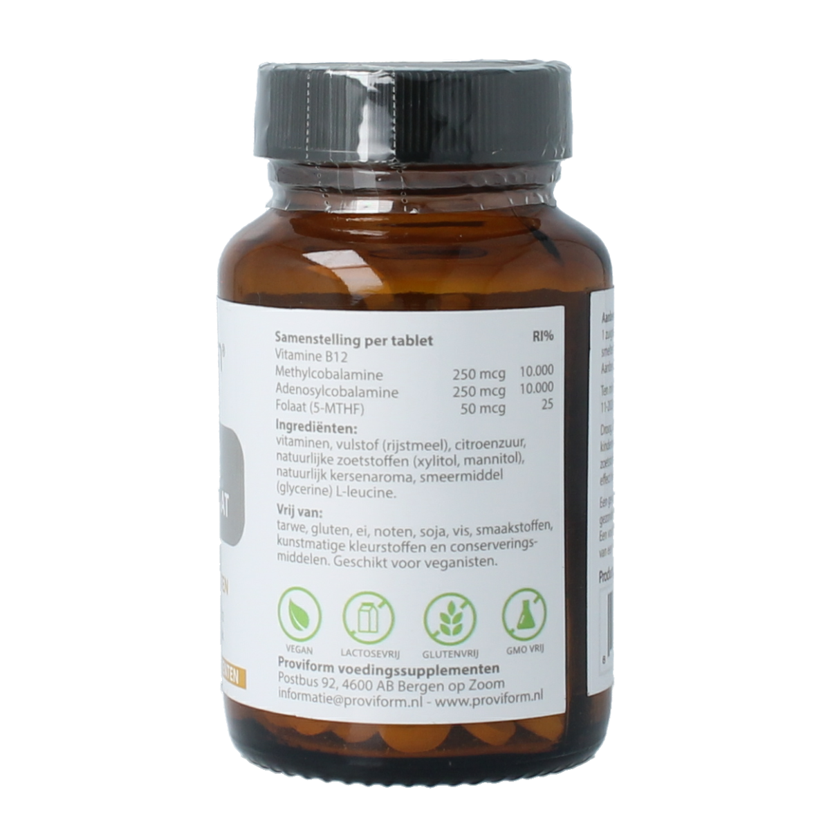 Proviform Vitamine B12 500mcg with folate in 100 chewable tablets, showing the supplement packaging and tablets.