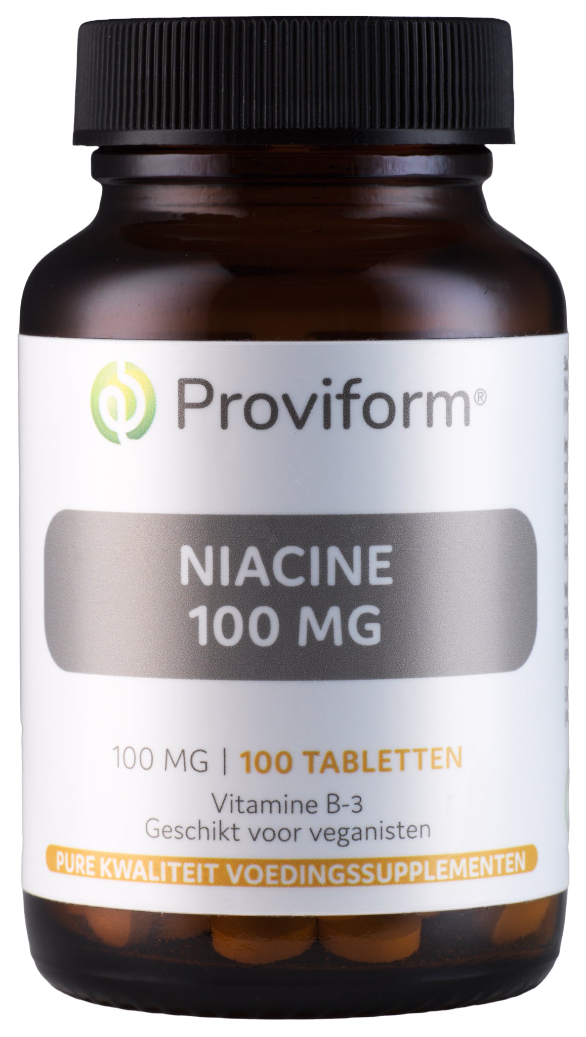 Proviform Vitamin B3 Niacin 100 mg tablets, close-up of the bottle and tablets, dietary supplement for skin and nerve health.