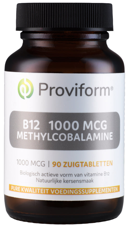 Proviform Vitamine B12 1000mcg methylcobalamin lozenges, natural dietary supplement, close-up of orange-flavored tablets
