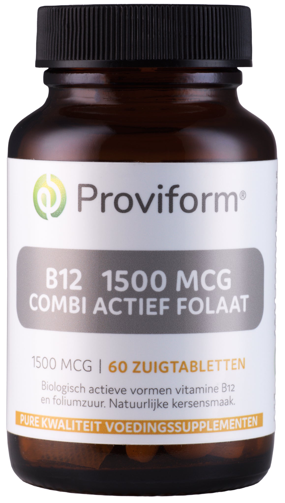Proviform Vitamine B12 1500mcg with folate, 60 chewable tablets, showing the orange-colored tablets in a blister pack.