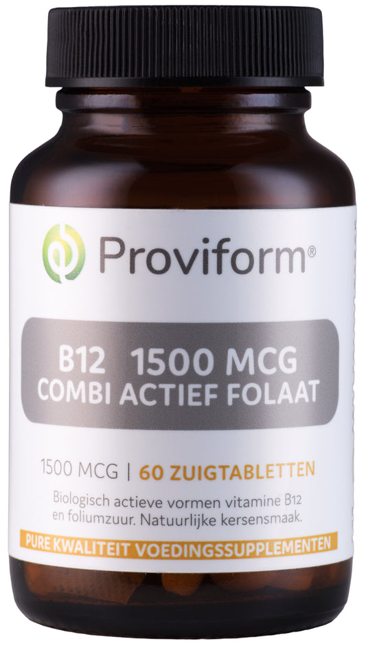 Proviform Vitamine B12 1500mcg with folate, 60 chewable tablets, showing the orange-colored tablets in a blister pack.