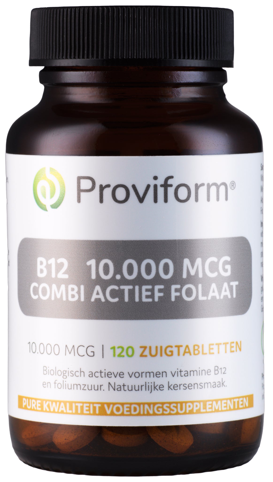 Proviform Vitamine B12 10,000mcg with folate in 120 chewable tablets, showing the supplement packaging and tablets.