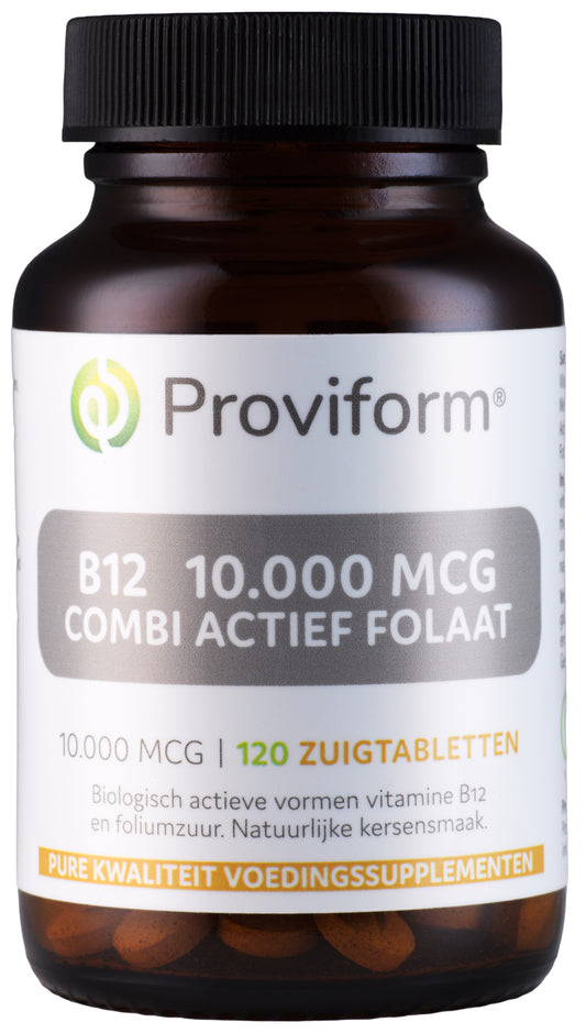 Proviform Vitamine B12 10,000mcg with folate in 120 chewable tablets, showing the supplement packaging and tablets.
