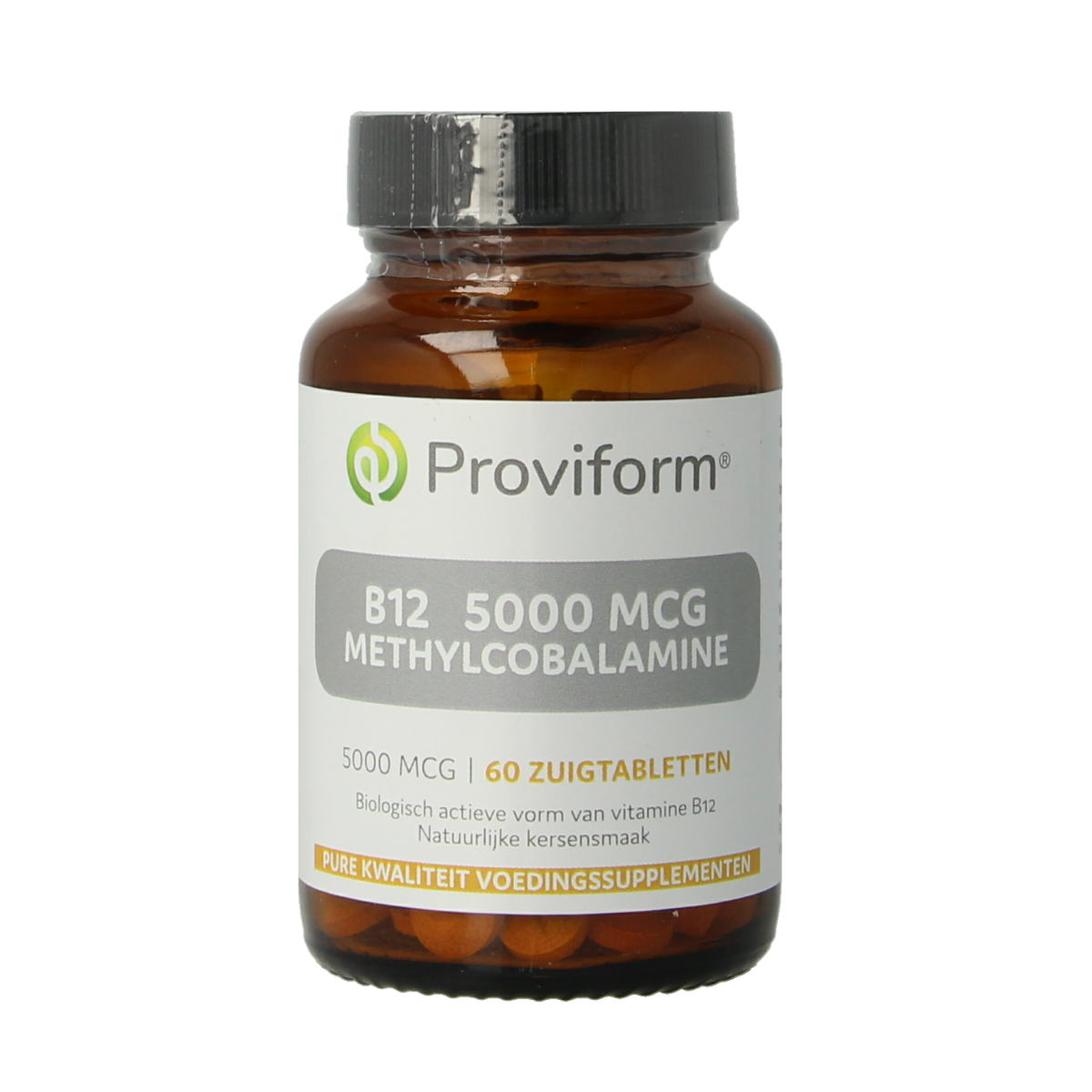 Proviform Vitamine B12 5000mcg methylcobalamin lozenges, close-up of the 60-piece bottle with tablets visible.