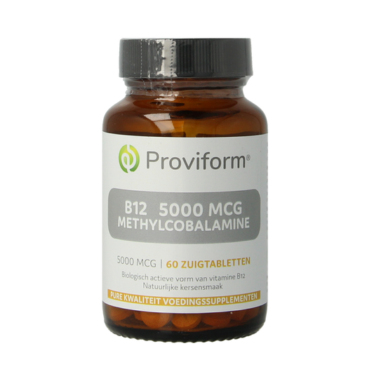 Proviform Vitamine B12 5000mcg methylcobalamin lozenges, close-up of the 60-piece bottle with tablets visible.