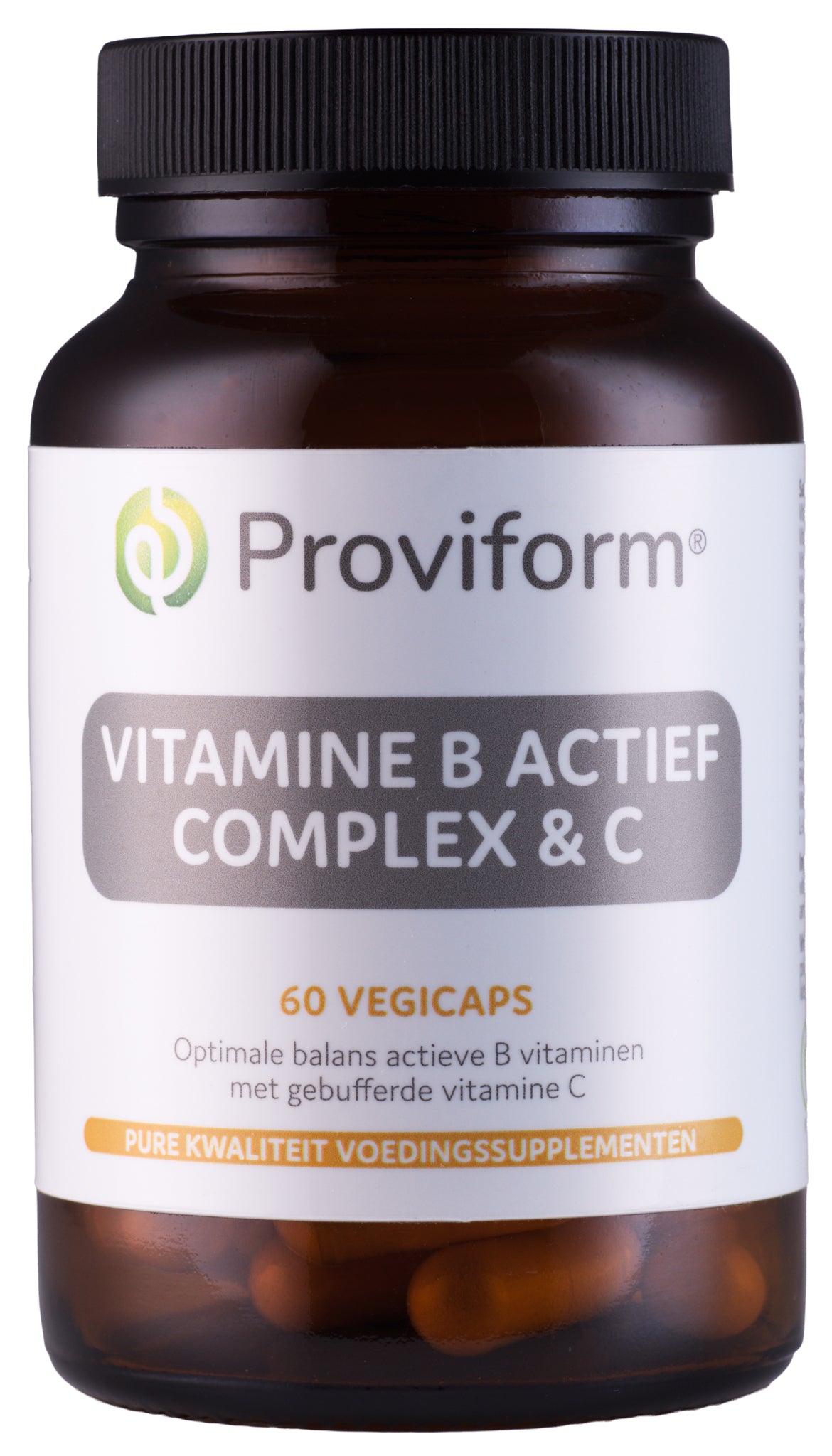Proviform Vitamine B actief complex & C vegetarian capsules in a bottle, showing the supplement packaging and capsules inside.