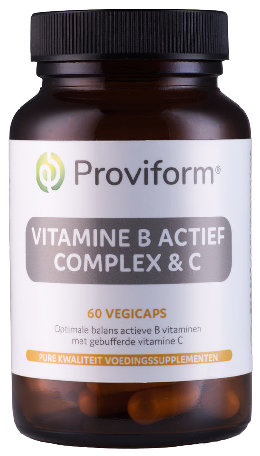 Proviform Vitamine B actief complex & C vegetarian capsules in a bottle, showing the supplement packaging and capsules inside.