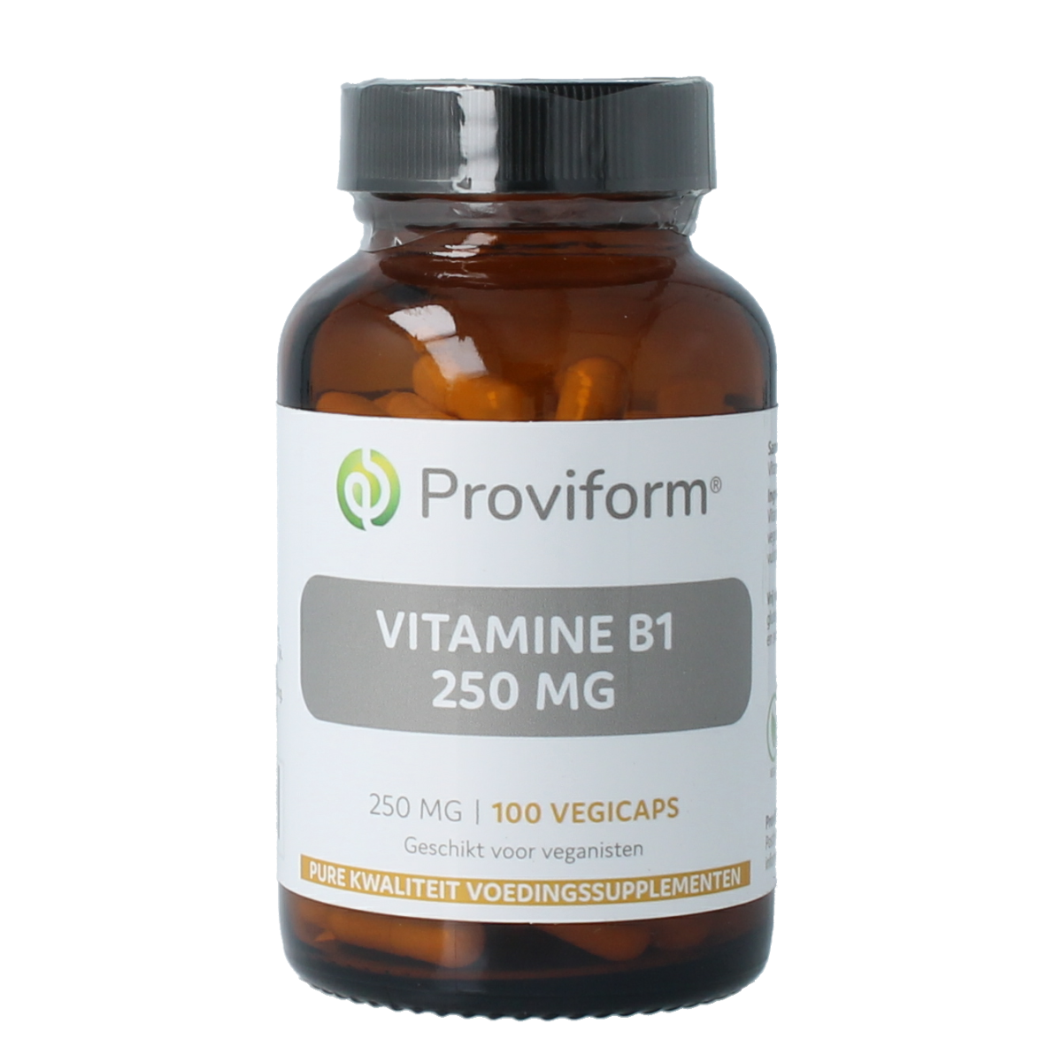 Proviform Vitamine B1 thiamine 250mg vegetarian capsules, close-up of the supplement bottle and capsules on a white background.