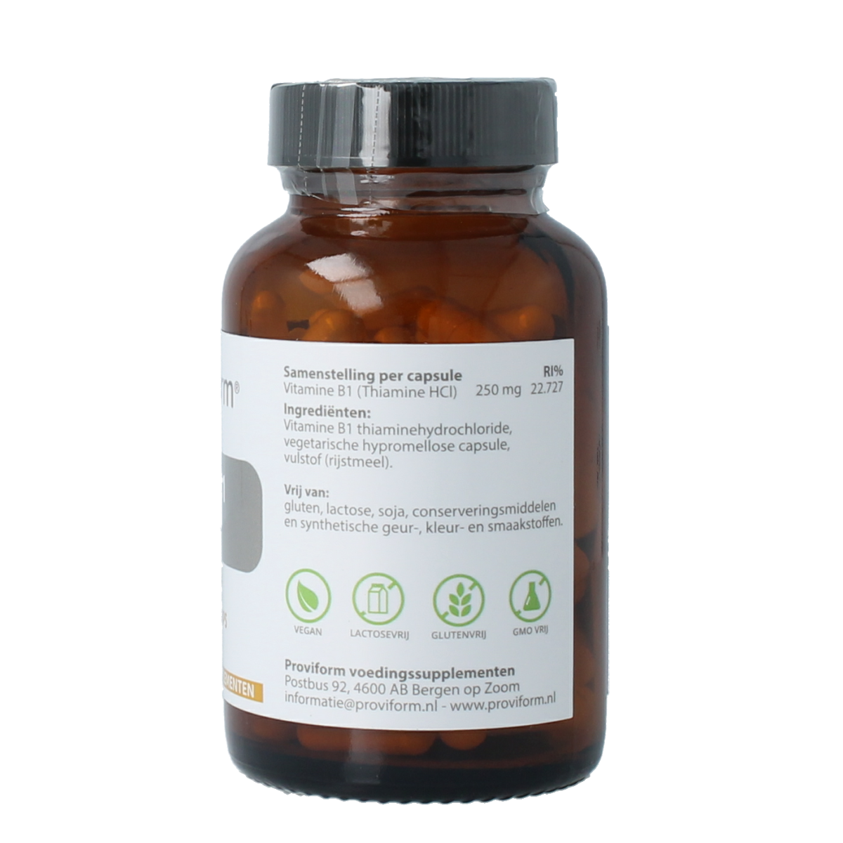 Proviform Vitamine B1 thiamine 250mg vegetarian capsules, showing the bottle with label and capsules inside.