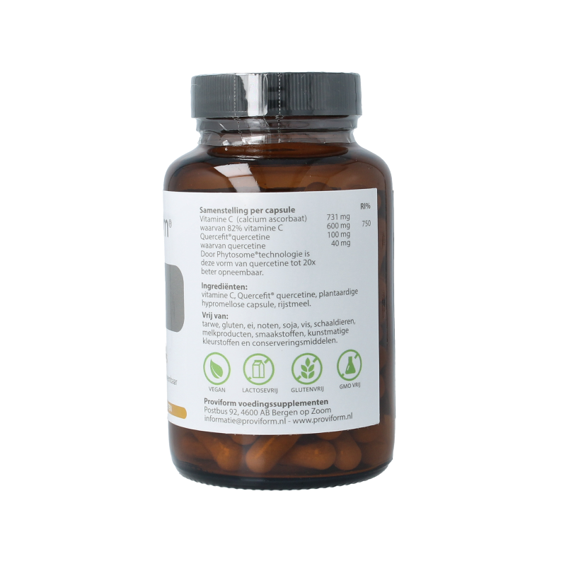 Proviform Vitamine C & quercetine phyto vegetarian capsules, 90 count, shown in a clear bottle with capsules inside.