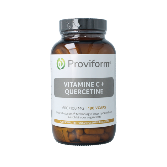 Proviform Vitamine C & quercetine phyto vegetarian capsules, 180 count, in a clear bottle with capsules visible inside.
