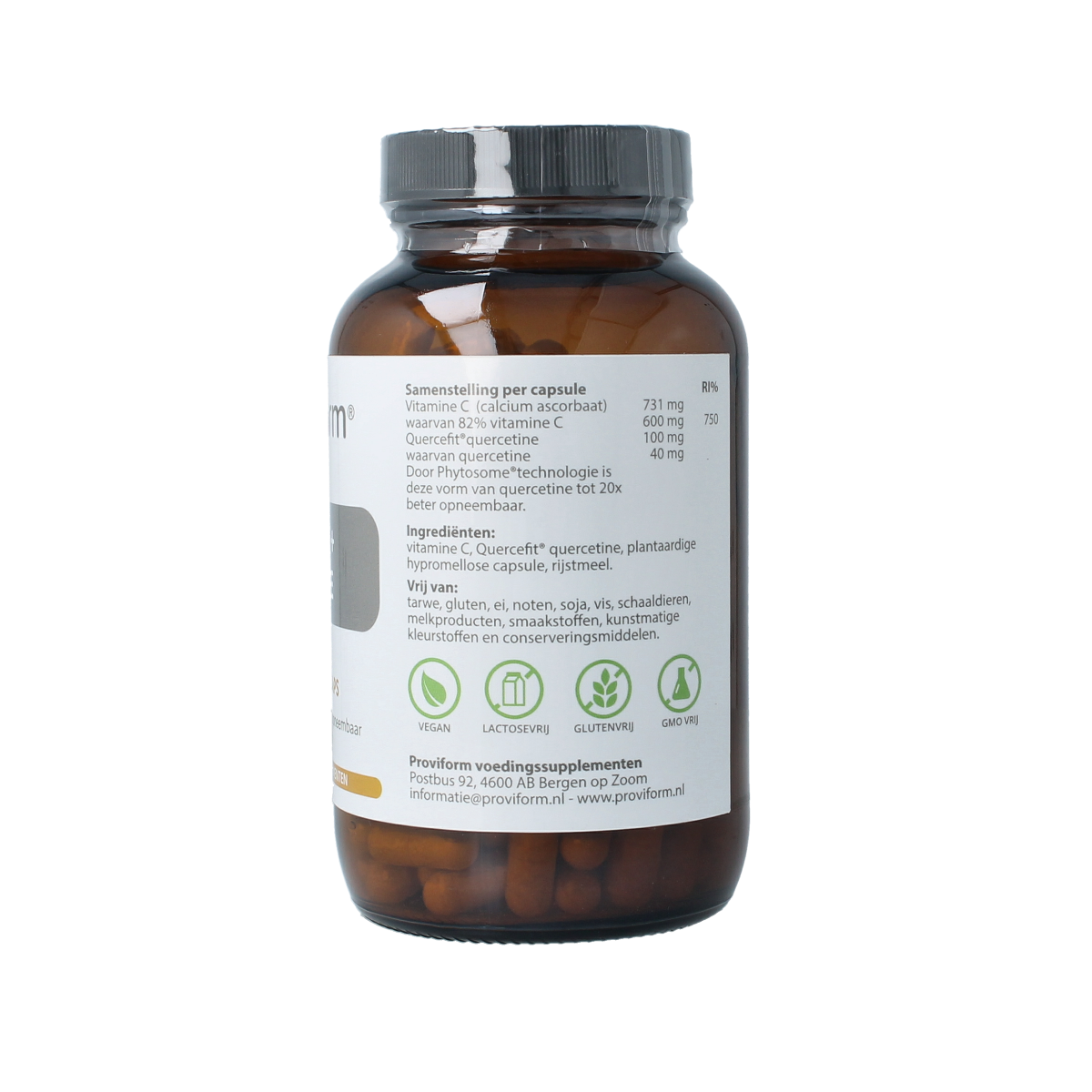 Proviform Vitamine C & quercetine phyto vegetarian capsules, 180 count, shown in a white bottle with label and capsules.