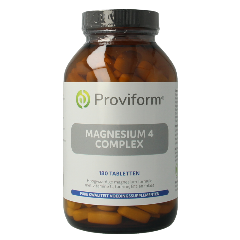Proviform Magnesium 4 Complex mineral supplement in a bottle of 180 tablets, showing the label and tablets inside.