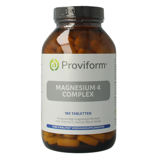 Proviform Magnesium 4 Complex mineral supplement in a bottle of 180 tablets, showing the label and tablets inside.