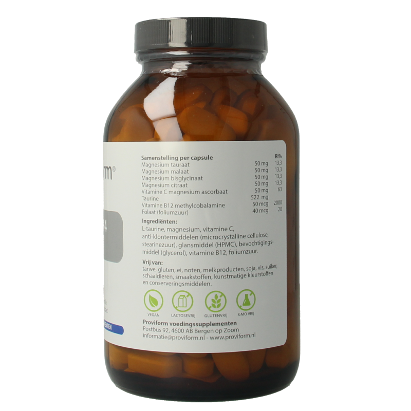 Proviform Magnesium 4 Complex mineral supplement in a bottle of 180 tablets, showing the product label and tablets inside.
