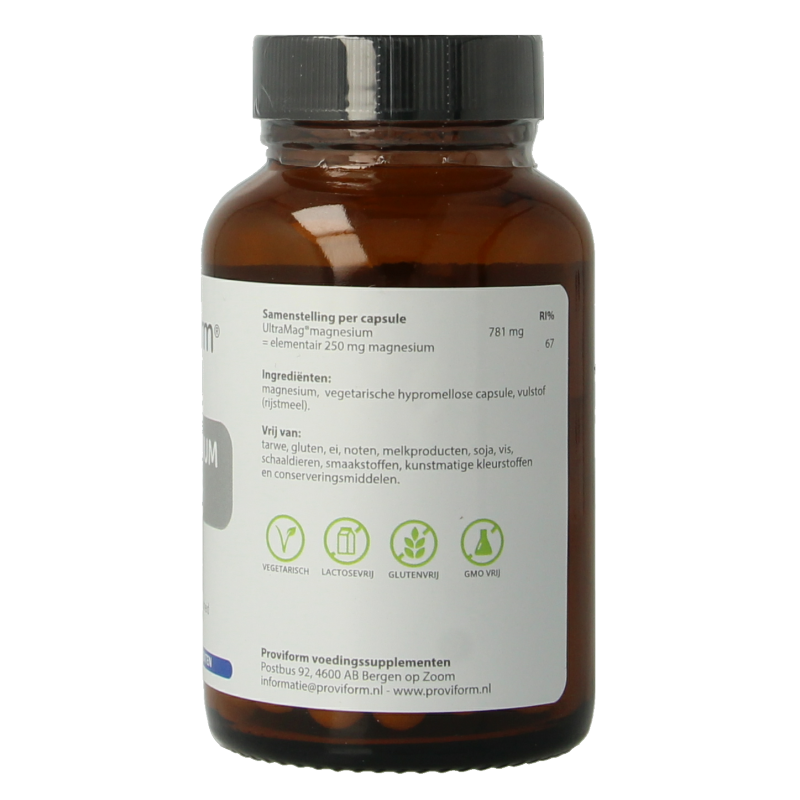 Proviform Magnesium Ultra 250mg vegetarian capsules, showing the supplement bottle and capsules inside, designed for mineral support.