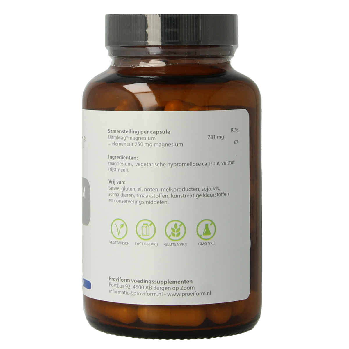 Proviform Magnesium Ultra 250mg vegetarian capsules, mineral supplement, close-up of the bottle and capsules.