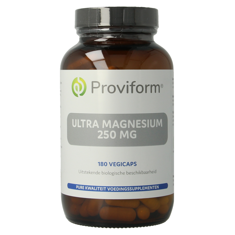 Proviform Magnesium Ultra 250mg vegetarian capsules, close-up of the bottle with capsules visible inside.