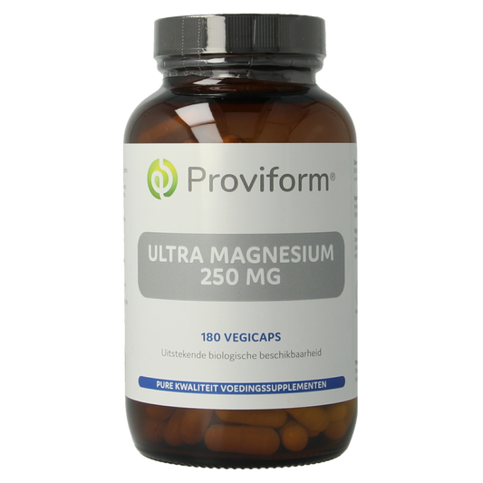 Proviform Magnesium Ultra 250mg vegetarian capsules, close-up of the bottle with capsules visible inside.