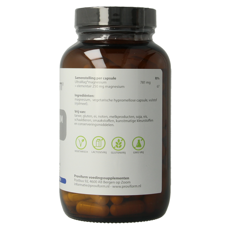 Proviform Magnesium Ultra 250mg vegetarian capsules, mineral supplement in a bottle with white and blue packaging.