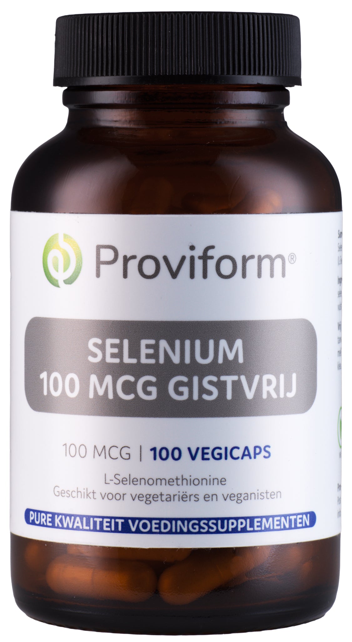 Proviform Selenium 100mcg vegetarian capsules, mineral supplement in a white bottle, with 100 capsules in the package.