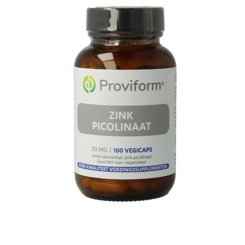 Proviform Zink picolinaat 30mg mineral capsules, vegetarian supplement, showing a bottle of zinc capsules in a close-up shot.