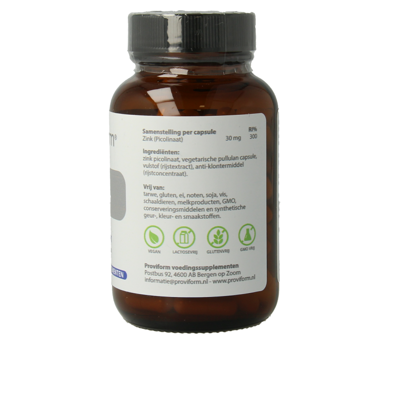 Proviform Zink Picolinaat 30mg vegetarian capsules, mineral supplement, close-up of the bottle with capsules inside.