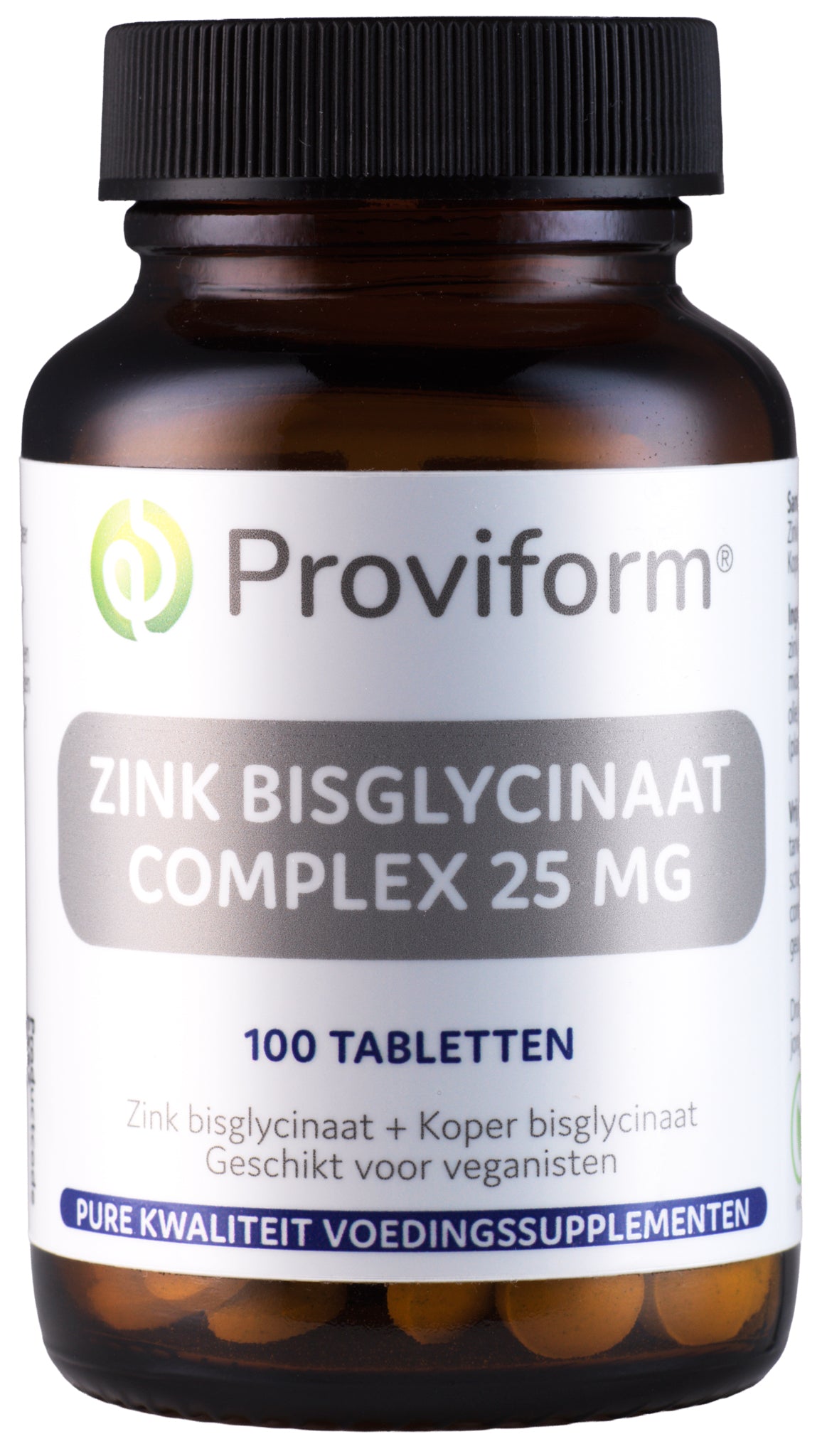 Proviform Zink bisglycinaat 25mg mineral supplement in a bottle of 100 tablets, showing the supplement tablets and packaging.