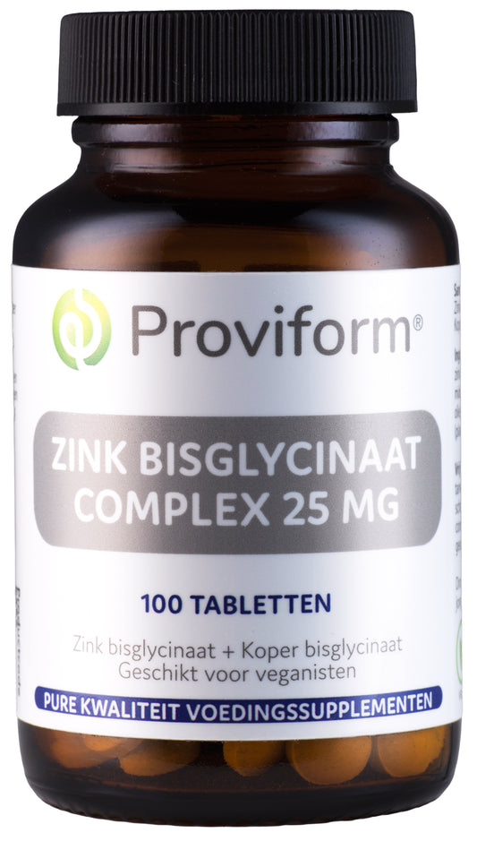 Proviform Zink bisglycinaat 25mg mineral supplement in a bottle of 100 tablets, showing the supplement tablets and packaging.