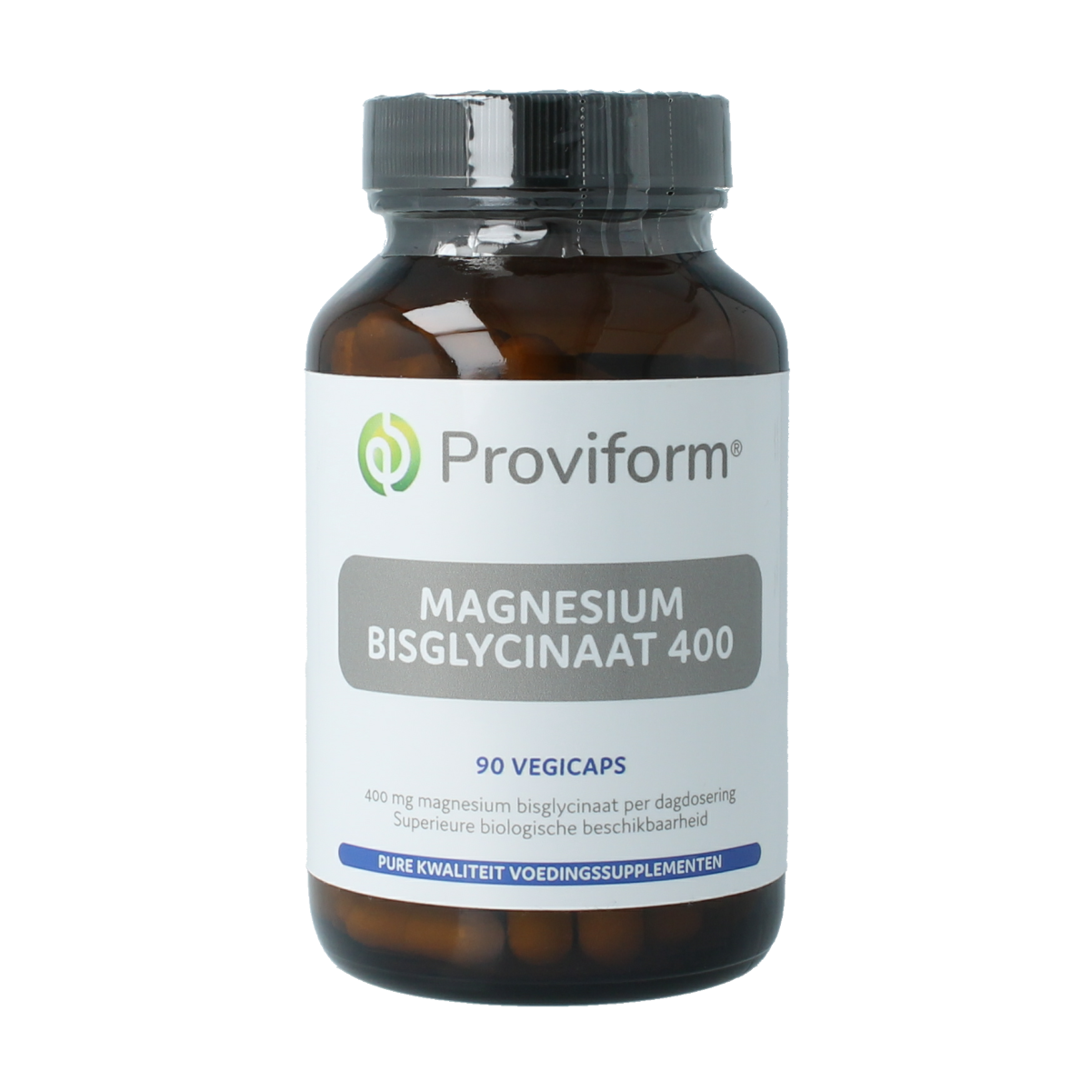 Proviform Magnesium Bisglycinaat 400 vegetarian capsules, mineral supplement in a clear bottle with capsules visible inside.