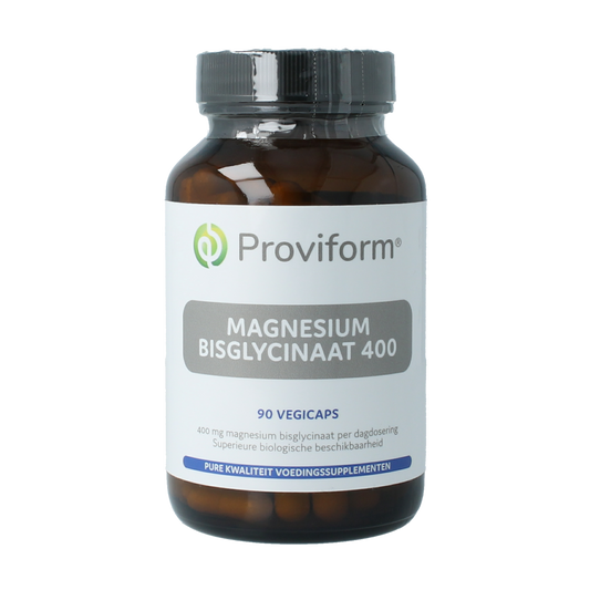 Proviform Magnesium Bisglycinaat 400 vegetarian capsules, mineral supplement in a clear bottle with capsules visible inside.