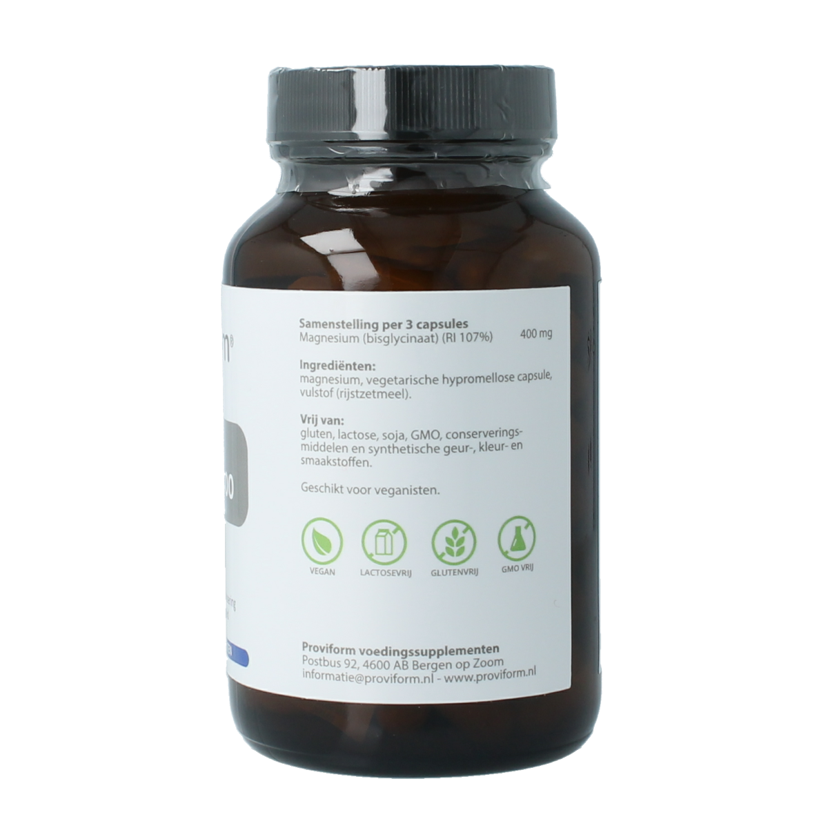 Proviform Magnesium Bisglycinaat 400 vegetarische capsules, mineralen supplement, close-up of the supplement bottle and capsules.