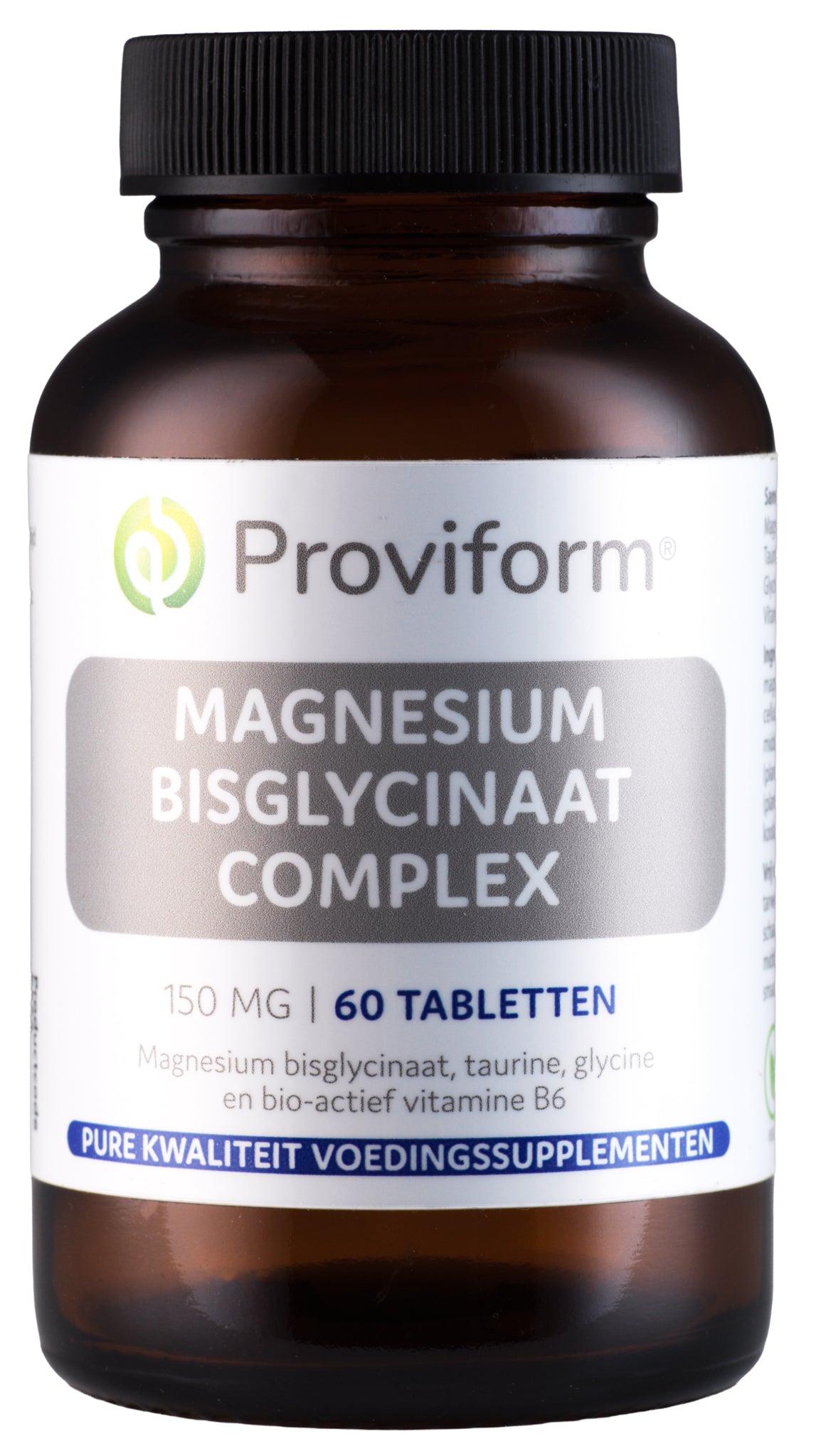 Proviform Magnesium bisglycinaat complex 150mg tablets, mineral supplement showing a bottle of 60 tablets on the label.