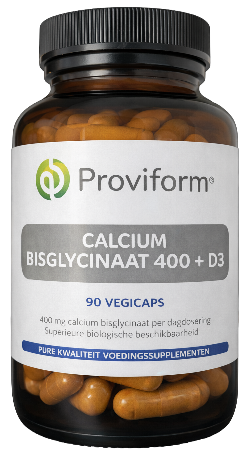 Proviform Calcium bisglycinaat 400 + D3 vegetarian capsules, mineral supplement with calcium and vitamin D3 in a clear bottle.