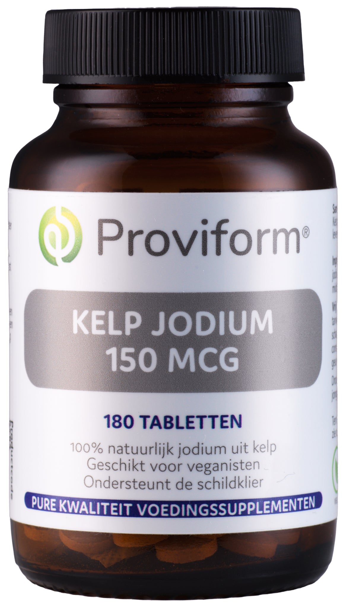 Proviform Kelp Jodium 150mcg mineral tablets, showing a bottle of dietary supplement tablets for thyroid health.