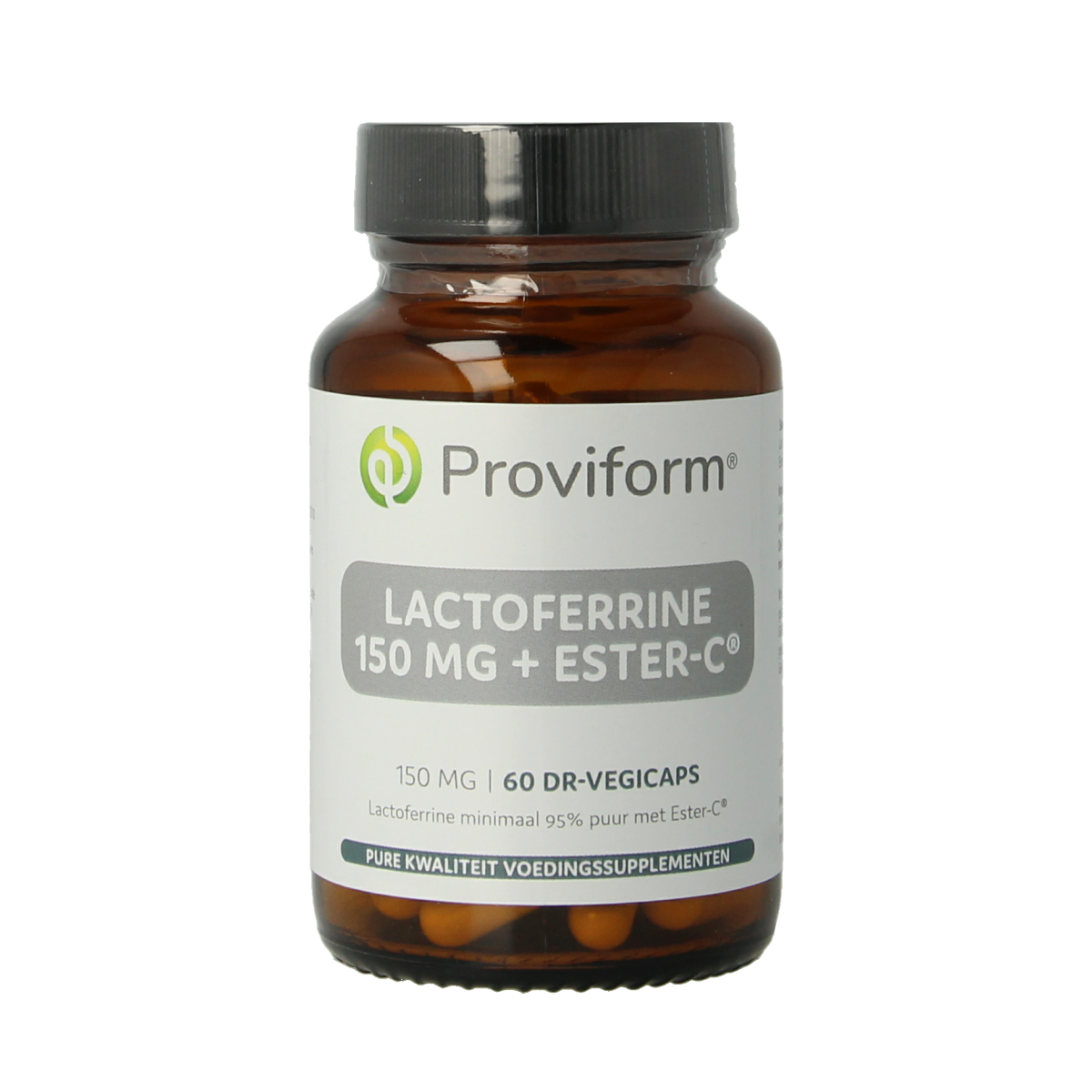 Proviform Lactoferrine puur 150mg and Ester C vegetarian capsules, dietary supplement with herbal ingredients.