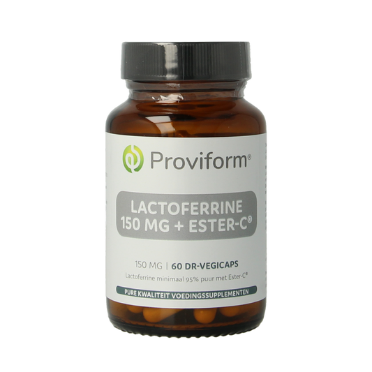 Proviform Lactoferrine puur 150mg and Ester C vegetarian capsules, dietary supplement with herbal ingredients.