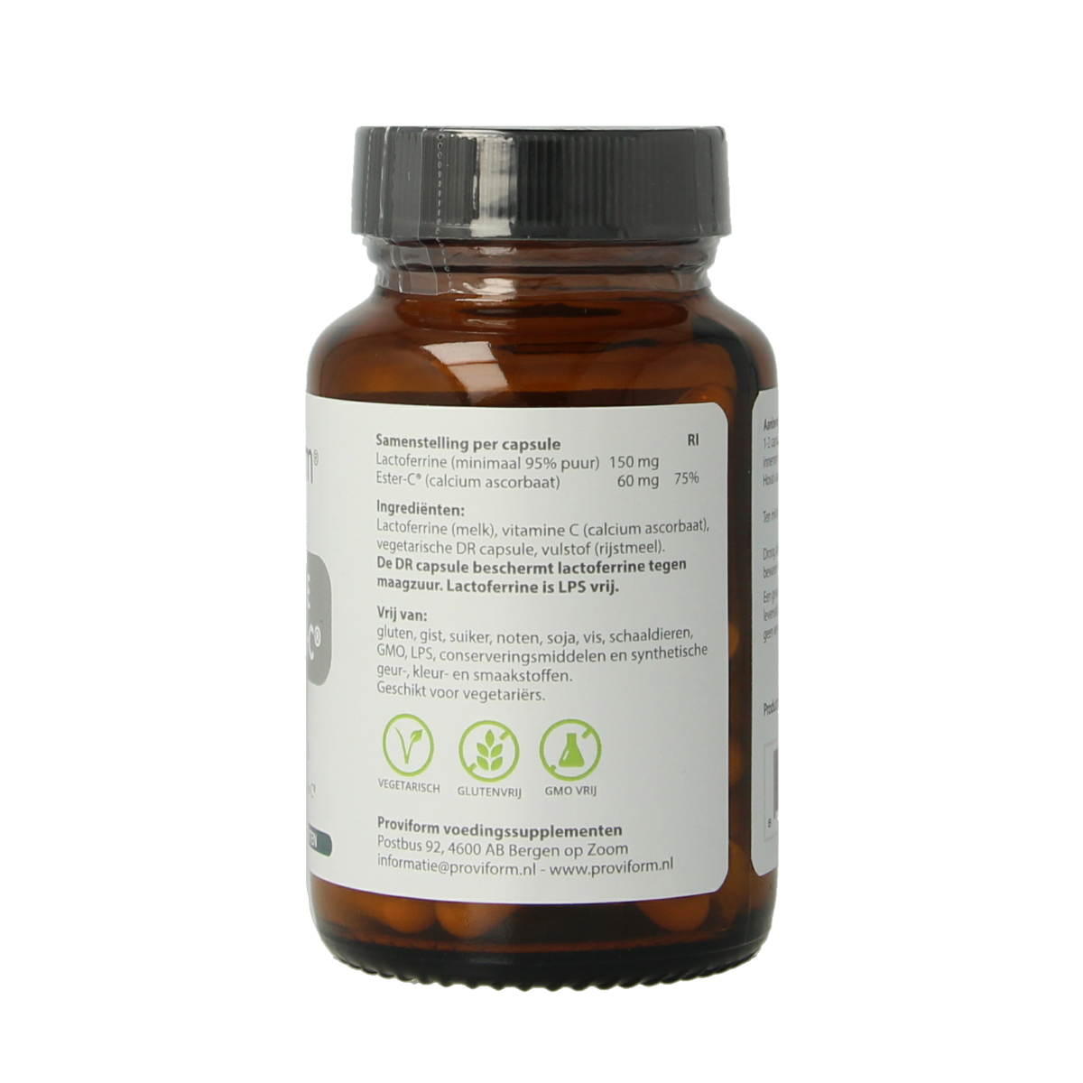 Proviform Lactoferrine puur 150mg and Ester C vegetarian capsules, showing the supplement bottles and capsules inside.