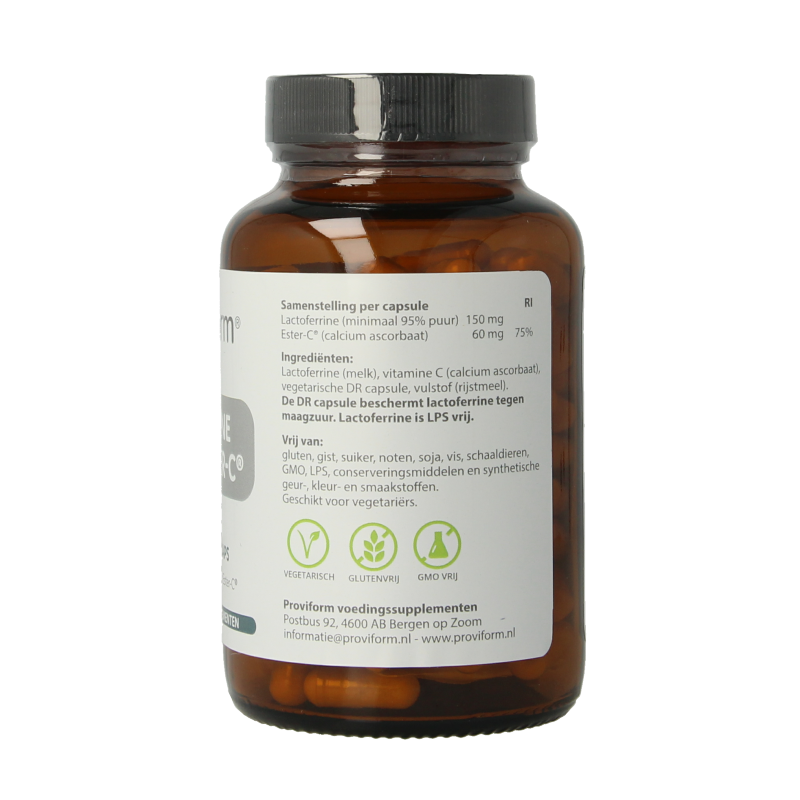 Proviform Lactoferrine puur 150mg with Ester C vegetarian capsules, dietary supplement for immune support and overall health.