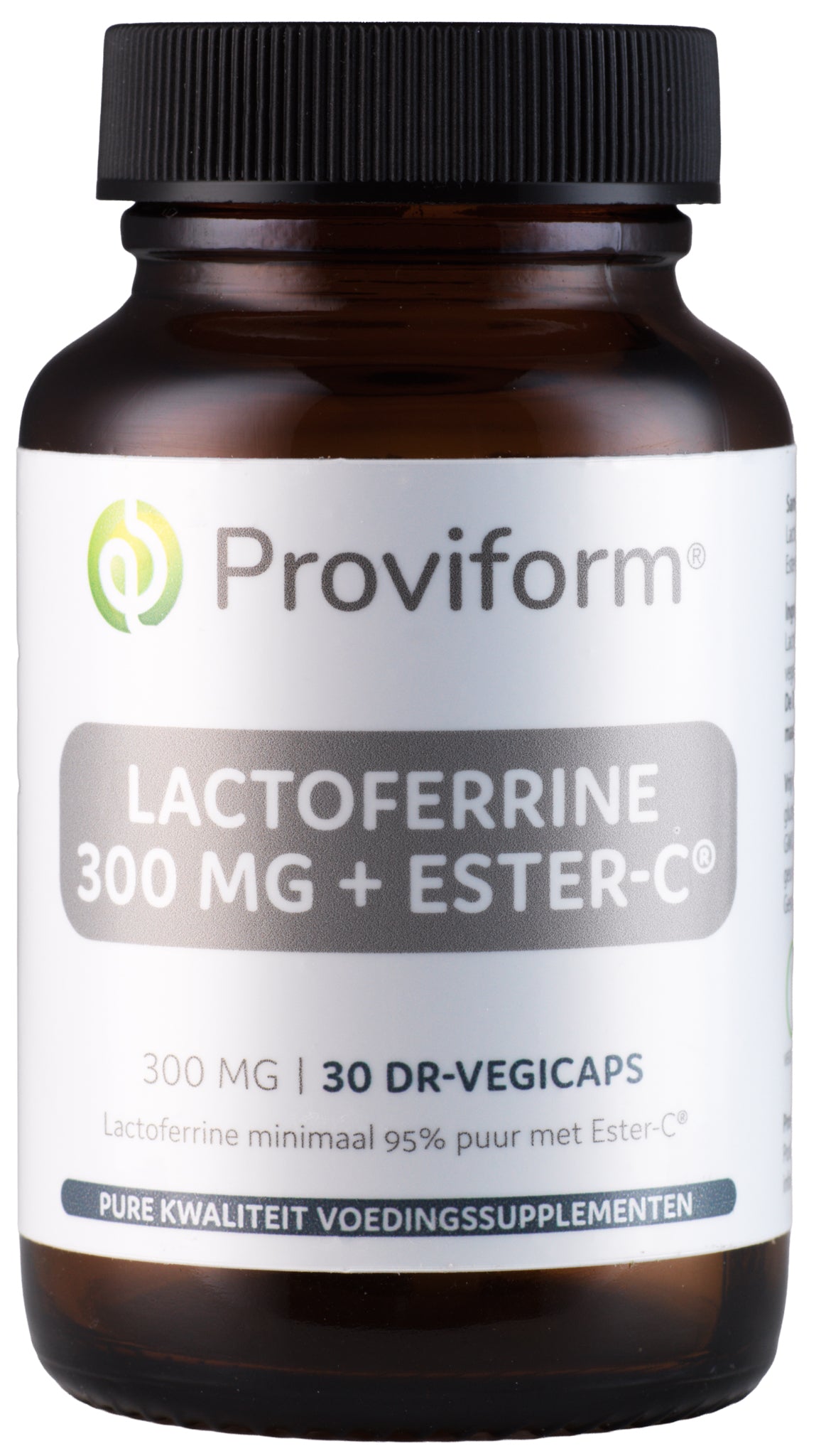 Proviform Lactoferrine puur 300mg and Ester C vegetarian capsules, shown in a bottle with capsules inside.
