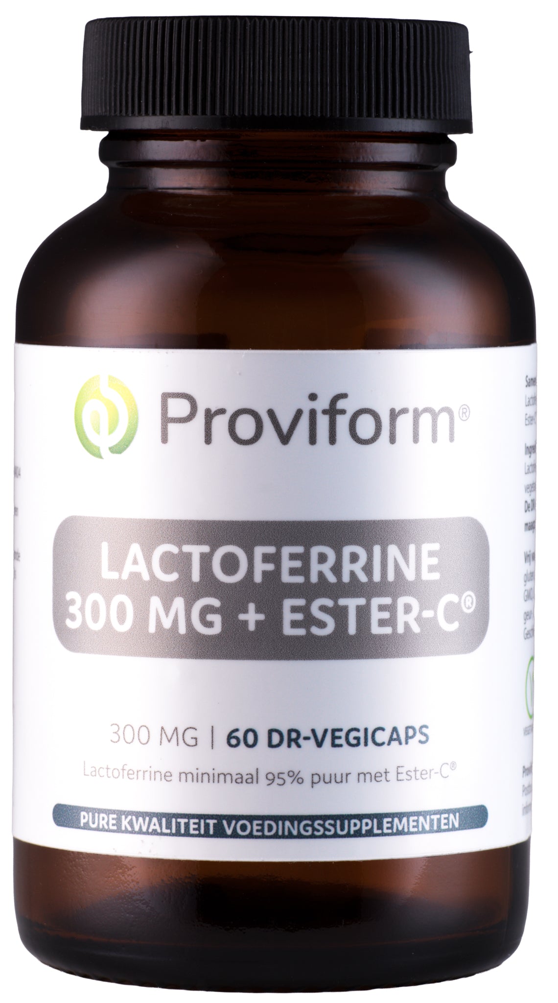 Proviform Lactoferrine puur 300mg and Ester C vegetarian capsules in a bottle, dietary supplement for immune support.