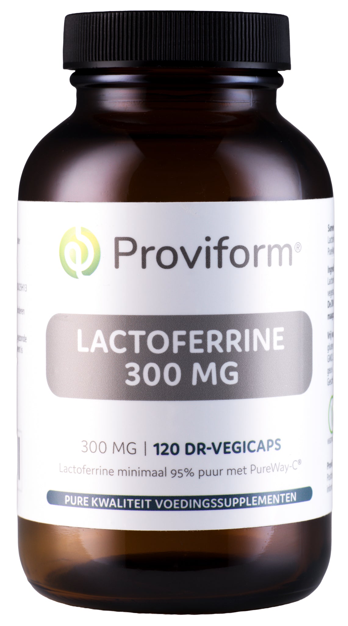 Proviform Lactoferrine puur 300mg and PureWay-C vegetarian capsules, herbal supplement in clear bottle.