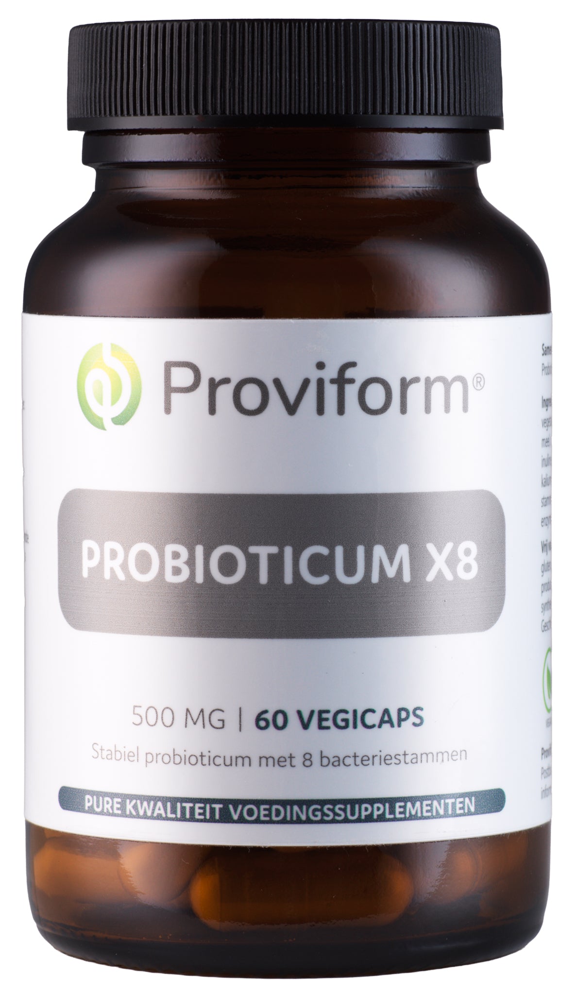 Proviform Probiorin X8 vegetarian capsules containing micro-organisms, shown in a clear image.