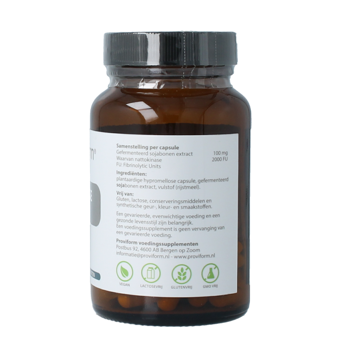 Proviform Nattokinase 100mg vegetarian capsules, dietary supplement in a white bottle with label, close-up view.